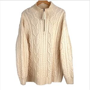 VTG 90s Wool Fisherman Sweater Men XL 1/4 Zip Ivory Cable Knit Preppy Cottage